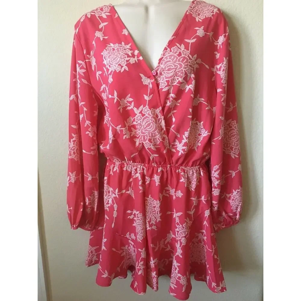 Fraiche by J Pink Floral Crepe Long Sleeve V Neck Surplice Romper Size L